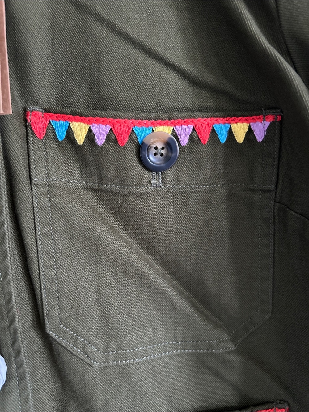 Boden Olive Green Utility Jacket with Colorful Embroidered Trim - Picture 3 of 9